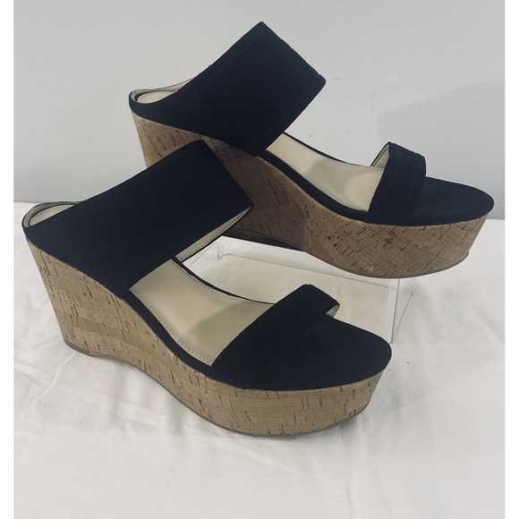 Marc Fisher Wedge Size 8.5M Shelbee Leather Platform Slip On Sandals Black/Cork - Picture 1 of 13